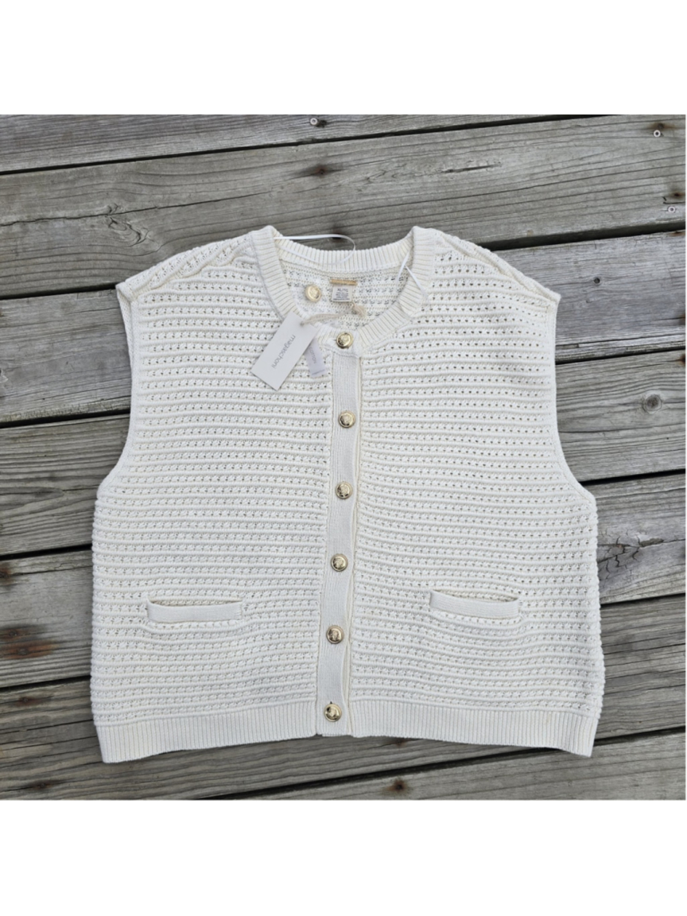 Magaschoni Marlee Turtledove Golden Dagger Button Sweater Knit Vest XL$138 Ivory